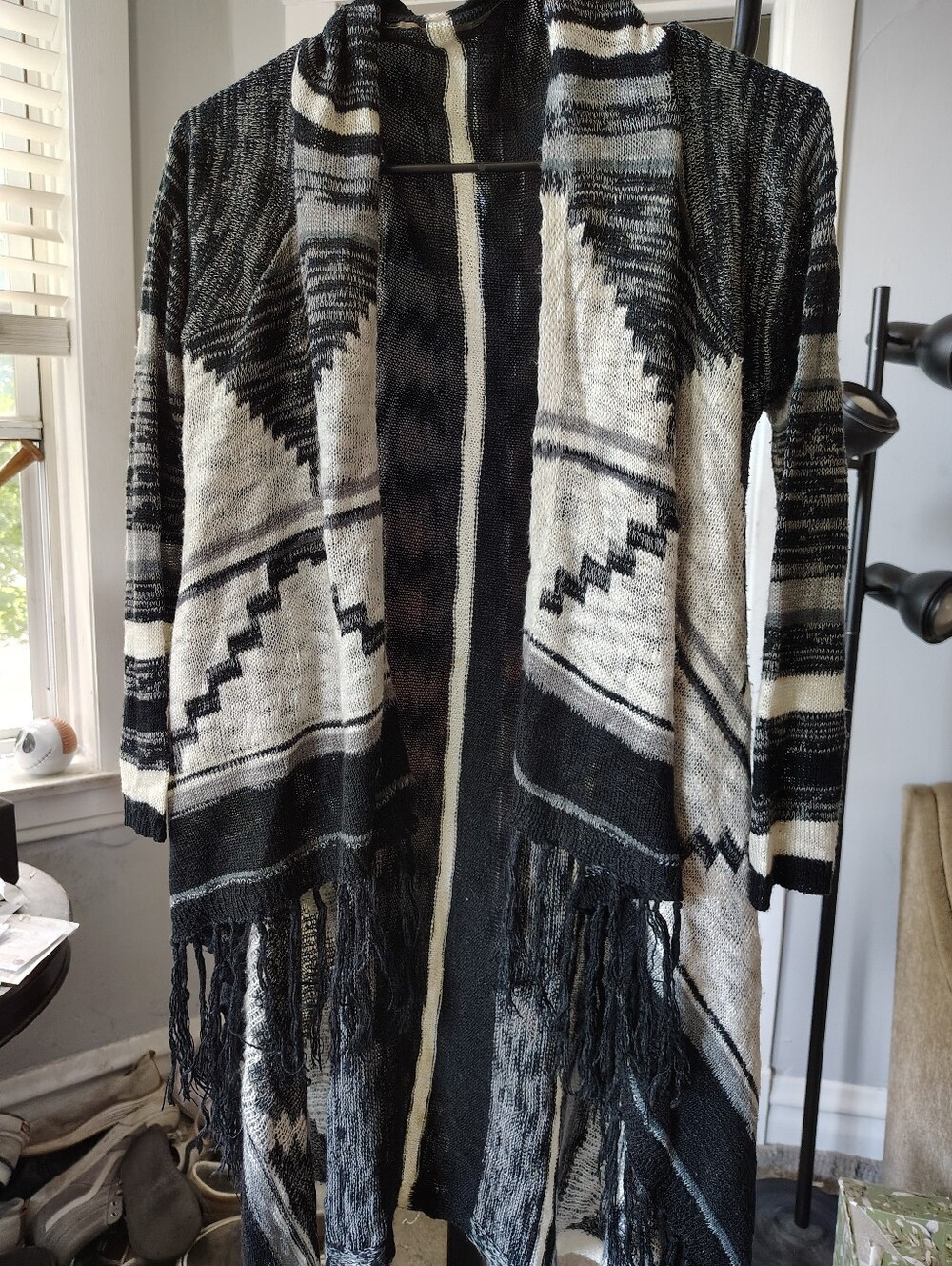 Black & White Geometric Fringe Open-Front Women’s Sweater